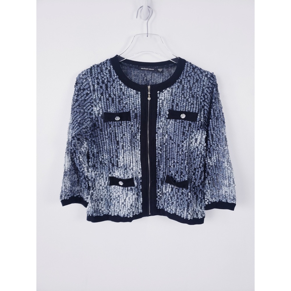 Michael Simon Sequin Cardigan Jacket Sheer Ombre Zip Front Womens Size Small